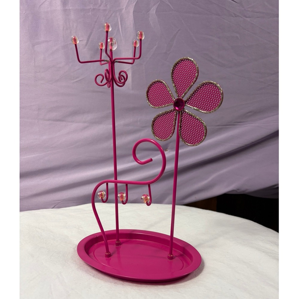 Hot Pink Metal Flower Jewelry Stand Organizer Tower with Tray Base